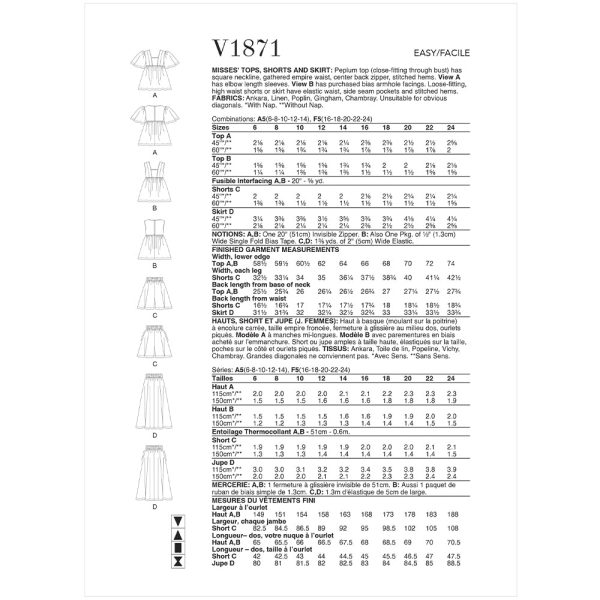 V1871 Misses  Tops, Shorts and Skirt Sale